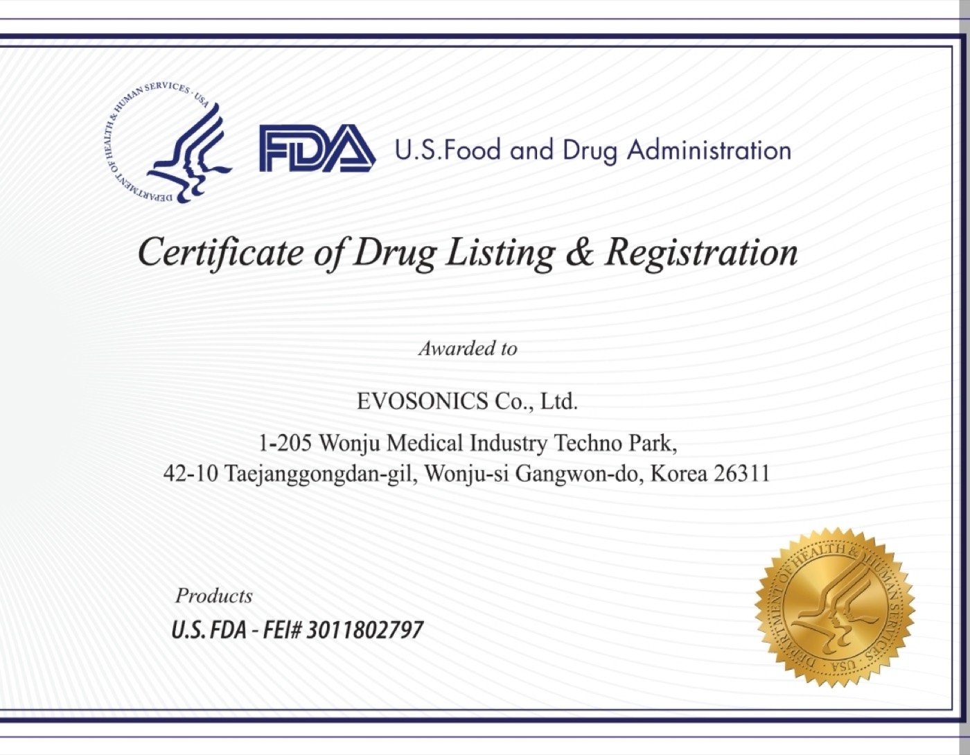 미국 FDA Drug Listing & Registration 인증서